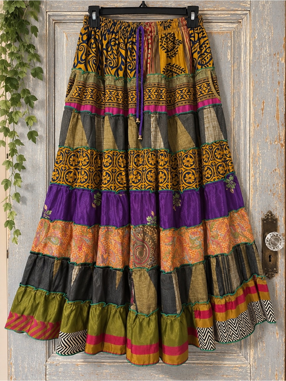 Bohemian Tiered Patchwork Maxi Skirt in Mustard, Purple & Green